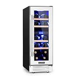 Klarstein Vinovilla 17 - Nevera para vinos, 2 zonas, 53 litros, 17 botellas, 30 cm de ancho, Puerta acristalada, Iluminación de 3 colores, 4 baldas de madera de haya, No vibra, Control táctil, Blanco