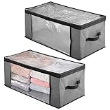 mDesign Juego de 2 cajas organizadoras de tela – Prácticas cajas para guardar ropa y ropa de cama – Sistema de almacenaje con cremallera y ventana de visualización – gris/negro