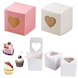 40 Piezas Cajas de Cupcakes, Cajas de Magdalenas, Caja Pasteleria, PVC Cartulina Cajas Regalo Pastelería con Ventana Transparente En Forma de Corazón para Cumpleaños, Fiesta, Boda (Rosa, Blanco)