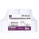 Papel térmico 57mm x 50m x 12mm - ideal para todas las cajas registradoras y TPV - Rollos para impresora térmica - (57x55x12) Blanco -Sin BPA (5 Rollos)