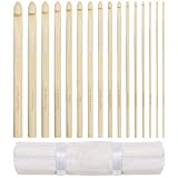 Curtzy Set Agujas Crochet de Bambú con Estuche Enrollable de Algodón (16 Tamaños) 15 cm de Largo – Tamaños de 2 mm a 12 mm - Agujas Ganchillo de Madera – Kit Crochet para Principiantes y Expertos