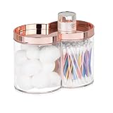 mDesign Juego de 2 cajas organizadoras de plástico – Caja de almacenaje, ideal como dispensador de discos de algodón o bastoncillos – Cajas apilables con práctica tapa – oro rosa/transparente