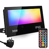 Foco LED RGB Exterior, cambio de color 35W, modo estroboscópico personalizado para bricolaje, RGB 12 colores, temporización, control remoto incluido, IP66 a prueba de agua