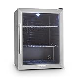 Klarstein Beersafe - Nevera pequeña, Mini nevera con puerta acristalada, Frigoríficos pequeños con iluminación LED, Acero inox, 5 niveles, 42 dB, 2 rejillas metálicas extraíbles, D, 60 L, Negro