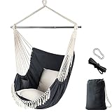 Chihee Columpio Colgante Silla Hamaca,2 Cojines,Barra Extensible de Acero Inoxidable Duradera,Silla Colgante portátil, Bolsillo Lateral, Juego de Silla Grande de macramé, Tejido de algodón de Calidad