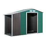 Outsunny Caseta de Jardín Tipo Cobertizo con Casetilla para Leña Almacenamiento de Herramientas con Techo Inclinado Base Incluida 4 Ventanas 284x127x185 cm Verde y Gris