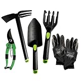 Juego herramientas jardineria de 5 piezas: incluye rastrillo, pala trasplantadora, azada pequeña, tijeras de podar y guantes. Set jardin exterior de fibra de vidrio ideal para huerto urbano.