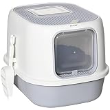 Pawhut Caja de Arena para Gatos Arenero Cerrado para Gatos con Entrada Delantera Salida Superior Bandeja Extraíble y Pala 40x53,5x37,5 cm Crema y Gris