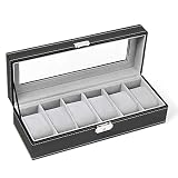 Caja de reloj de piel sintética en cristal auténtico con cierre de botón y 6 rejillas para relojes, caja expositora para joyas, para hombre y mujer, color negro