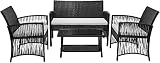 Conjunto de Muebles de Ratán para Jardín, Patio, Piscina, Terraza - 1 Sofá de 2 Plazas, 2 Sillones y 1 Mesa, Resistente a la Intemperie, Cómodo, Transpirable, Ratán Negro + Cojin Blanco