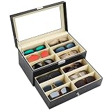 Kurtzy Caja Almacenamiento de Gafas - Caja Gafas 12 Compartimentos 2 Niveles - Organizador Gafas con Ventana Transparente - 12 Ranuras Gafas de Sol Estuche Unisex Negro con Llave