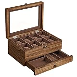 SONGMICS Caja de Relojes con 8 Ranuras, Caja de Madera Maciza con Almohadas, Caja de Joyas con Tapa de Cristal, para Anillos, Pulseras, Collares, Nogal Rústico, Dia del Padre Regalos, JOW008K01
