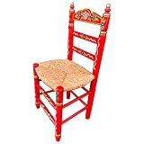 Silla Sevillana de Madera Color Rojo Decorada Artesanalmente con Asiento de Enea Natural. Incluye 1 Unidad.