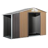 Outsunny Caseta de Jardín Tipo Cobertizo con Casetilla para Leña Almacenamiento de Herramientas con Techo Inclinado Base Incluida 4 Ventanas 284x127x185 cm Caqui y Gris
