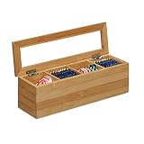 Relaxdays Caja para té e infusiones, Cuatro Compartimentos, Estrecho, Ventana de plástico, Pequeño, Rectangular, Marrón, 9 x 30 x 9 cm, Madera