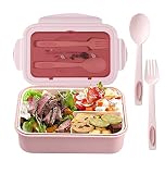 1400ml Caja de Almuerzo de Plástico , Caja de Bento con 3 Compartimentos y Cubiertos (Tenedor y Cuchara) (rosado)