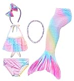 5 trajes de baño de cola de sirena para niñas, colas de sirena para nadar, bikini con diadema y collar (sin monofina), Fzgb15, 5-6 Años