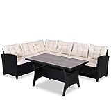 CASARIA Conjunto de Jardín 6 Personas Poliratán Set de Comedor Esquinero Exterior Mesa WPC + 2 Bancos