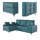 Sofá Chaise Longue 4 Plazas Turquesa MIMIR Izquierda Tanuk 250x175 con Capitoné Vintage y Tejido Hipoalargénico (Envío y Subida a Domicilio Incluidos)