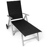 Vanage Tumbona de Jardín, Terraza y Balcon; Plegable en Aluminio en Gris o Negro; con o sin Acolchado, Reposera con 2 Ruedas