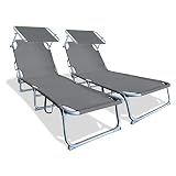 VOUNOT Pack de 2 Tumbonas Plegable, con Respaldo Ajustable y Parasol, para Piscina, Jardin, Playa, 190x58x27cm, Gris