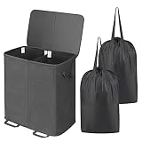 Lifewit Cesto para Ropa Sucia con Tapa y Bolsas Extraíbles de Lavandería, Cesto Grande Plegable para Ropa Sucia de 2 Secciones con Mangos (negro)