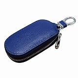 TININNA Funda de piel auténtica para llave de coche, funda universal para protección de llave automática, multifuncional, llavero con cremallera para hombres, color azul
