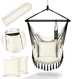 tillvex Silla Hamaca Colgante con 2 Cojines | Columpio Colgante de Jardín con Posavasos y Extra Compartimento | Sillón para Colgar en Terraza, Balcón - Interior y Exterior con Bolsa de Transporte