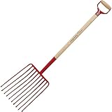 Fiskars Classic Horca para patatas, Con 10 púas, Longitud: 126 cm, Mango de madera/púas de acero, Rojo, 1003693