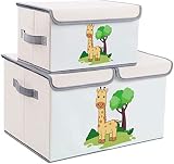 DIMJ Juego de 2 Cajas de Almacenaje Juguetes Plegable, Caja Organizadora de Juguetes con Tapa y Asa, Caja de Tela Patrón Lindo Jirafa para Niños (Beige)