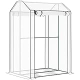 Outsunny Invernadero de Jardín Caseta de Terraza con 2 Puertas Enrollables 8 Ventilaciones y Marco de Metal para Cultivo Plantas Tomates 100x80x150 cm Transparente Blanco