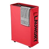 IHOMAGIC Cesto para la Colada Delgada sobre Rueda, Cesta de Lavandería Rectangular Práctica Plegable Colector de Ropa Sucia para el Hogar, Cocina, Dormitorio, Hotel, Viaje 35-40L, 600D Tela, Rojo