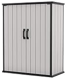 Keter Cobertizo de almacenamiento para exteriores de resina alta Premier con soportes para muebles de patio, accesorios de piscina y bicicletas, gris y negro