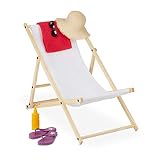 Relaxdays Tumbona, Plegable, Madera y Tela, Hamaca Reclinable para Balcón, Jardín, Playa, 3 Posiciones, Color Blanco