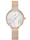 Alienwork Reloj Mujer Oro Rosa Banda de Malla Metálica Blanco Elegante