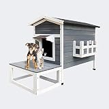 WilTec Gatera Casita Gatos con terraza y Zona Cubierta Accesorios Exterior Gatos Cabaña Mascotas Jardín