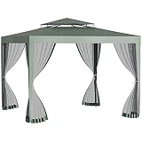 Outsunny Carpa de Jardín 3x3 m Cenador con 4 Mosquiteras Laterales con Cremallera Techo de Ventilación y 8 Orificios de Drenaje Gazebo para Terraza Patio Exterior Verde