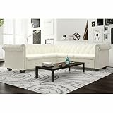 Kstyhome Sofá Chesterfield 5 plazas, Sofas de Salon, Sofá Cama, Sofa Relax, Sofa Chaise Longue, Sofa Cama Chaise, Sofa Rinconera, de Cuero Artificial Blanco