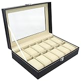 Caja Relojes Organizador Joyero Estuche: Guardar Reloj para 12 Compartimentos de Piel - Expositor Relojes para Tapa de Vidrio - Negro Caja Porta Almacenaje Joyero Relojero Regalo Padre Hombre Mujer