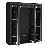 SONGMICS Armario Portátil, Armario Plegable, Organizador de Ropa con Rieles para Colgar, Estantes, Cubierta de Tela, para el Dormitorio 150 x 45 x 175 cm, Negro LSF03H