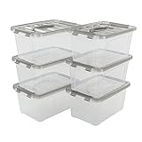 Vcansay Caja de almacenamiento de plástico transparente pequeño con tapa gris transparente y asas, 6 paquetes