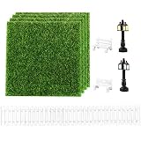 MEJOSER 90cm Mini Vallas Madera para Jardín + 4pcs Césped Artificial 2 Farolas 2 Bancos en Miniatura para Micro Paisajes Jardín en Miniatura