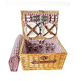 Cesta de mimbre tradicional para 4 personas, juego de cesta de mimbre con manta impermeable de picnic, platos de cerámica, sacacorchos, botella de palillo y servilletas para camping al aire libre.