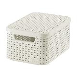CURVER 205840 - Cesta con Tapa con Efecto Mimbre (tamaño pequeño, Polipropileno), Color Blanco