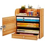 Organizador de escritorio de madera con organizador de archivos de bloqueo A4 para documentos de bricolaje, armario de almacenamiento para el hogar, la oficina y la escuela (madera de cerezo)