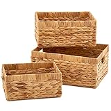 EZOWare Set de 3 Cestas de Almacenamiento de Mimbre Natural Jacinto de Agua, Caja Organizadora Decorativo con Asas Ideal para Baño, Cocina o Decoración del Hogar