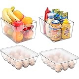 Puricon 4 Cajas Organizador de Nevera Plástico, 2 Cajas de Despensa para Frutas Verduras Latas y 2 Bandejas para Huevos con Tapa en Refrigerador