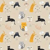 Pingianer - Tela de algodón para niños, 100 % algodón, venta por metros, para costura y manualidades, diseño de gato y leche, beis, 100 x 160 cm