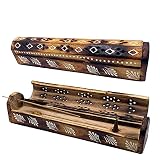 Quemador Incienso (incensario) Caja de Madera Decorada a Mano en India - Exclusivo diseño de espigas Blancas . 30.5x6.2x5.5 - - Peso 240 g. Porta Incienso Madera