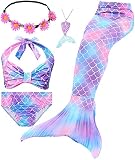 Le SSara Conjunto de 5 Piezas Colas de Sirena para Nadar Traje de Baño para Niñas Princesa Bikini 3-12 años (Sin Monofin) (DH48(PPur), 9-10 Años)